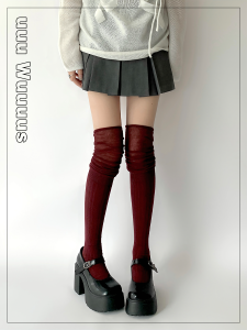 Red Long Tube Socks Womens over Knee Splicing Slimming Spring Autumn High Tube Long Pile Boot Socks Sweet Style Cotton Blend