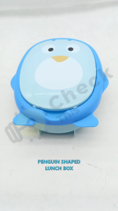 Kids Bento Box with Dividers - Cute Penguin Design Includes Spoon & Fork (Blue/Pink)