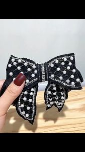 F4 Jepit Rambut Pita Besar Black Velvet Pearl and Crystal Luxury Bow Hair Clip HCO025