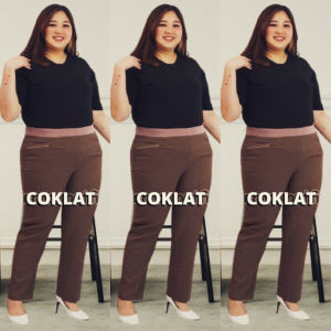 CELANA KERJA WANITA JUMBO BAHAN POLYESTER TEBAL DAN HALUS || OFFICE PANTS BIG SIZE || CELANA COKLAT TUA PRAMUKA