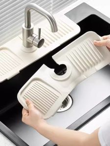 Drain Mat Silicone Sink Mat Anti-Splash Faucet Pad Kitchen Drain Board Dishwasher Safe Long Rectangle Shape Bathroom Mat