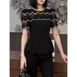 QINGNAER | French Hepburn Style Lace Hollow T-Shirt Womens Large Size Fashion Short Sleeve