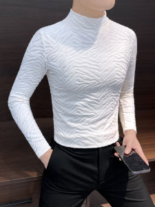 Mens Long Sleeve T-Shirt White Mid-Neck Half High Collar Thermal Base Shirt Youth Fashion Polyester Spandex Winter Warm Top