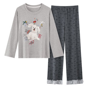 Cotton sleepwear womens long sleeved long pants cool cotton cartoon cute cat home suit set with chest cushion