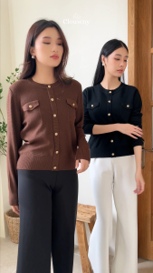 Clouwny Pomp Button Top Atasan Lengan Panjang Wanita Classy Premium Knit Korean Look Fit to XXL