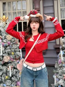 YUEZHONGWEI | Atmospheric Red Fair Isle Knitted Sweater & Tank Top Set