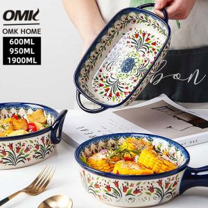OMK Polish Series Hand-painted Ceramic Rectangular Baking Pan Round Baking Pan with Two Ears Baking Trays & Pans