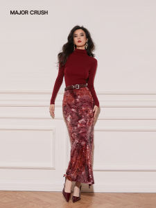 French Elegant Sweater and Skirt Set Red