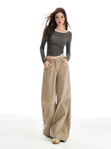 High Waist Wide Leg Khaki Denim Jeans Womens Spring Autumn Loose Straight Casual Floor Length Pants Vintage Style Cotton