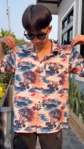 เสื้อเชิ้ตฮาวาย วินเทจ ผ้าไหมอิตาลี เสื้อสงกรานต์ เสื้อลายดอก สงกรานต์ เล่นน้ำ ทะเล F59