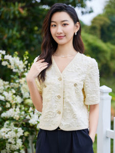 WANGGONGZHU | Princess Style Short Sleeve V-Neck Shirt Womens Summer Fashion Elegant Cardigan Top French Style Compact Design Pure Color