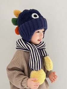 หมวกเด็กหมวกไหมพรมเด็กลายการ์ตูนสำหรับฤดูใบไม้ร่วงและฤดูหนาวชุดผ้าพันคอหมวกถักป้องกันหูกันหนาวใส่ช่วงฤดูหนาวสำหรับเด็กชายและเด็กหญิง