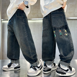 Boys Casual Fleece Lined Loose Jeans High Waist Elastic Belt Long Pants Autumn Winter Fashionable Childrens Clothing