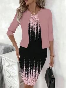 Printed Design Autumn/Winter collection casual style Pink Gradient Floral Pattern Print crew neck dress suit