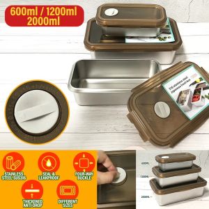 [Sell Zone] [ 3PCS SET ] SUS316 Stainless Steel Lunch Box [ 600ml / 1200ml / 2000ml ] Rectangular Bento with Sealed Lid Cover / Bekas Makanan Keluli Tahan Karat 3 Set / 日式扁长形316不锈钢保鲜盒三件套(2000/1200/600ML)