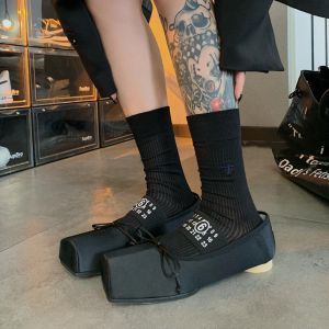 Summer Thin Vertical Striped Bee Embroidery Socks Womens Retro Mid-Calf Grey Cotton Socks Thin No-Bone Miu Style Pack of 4