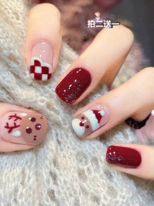 Short Santa Claus Nail Art Kit Complete Set 2024 New Autumn Winter Wearable Student Fake Nail Patches Finished Product