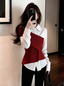 XUECAIQI | Red Waist Cinching Knitted Pseudo Two-Piece Shirt