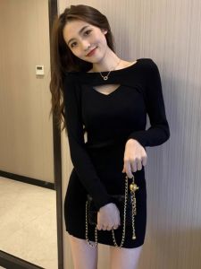 PEIXI | Slimming Elegant Black Dress with Lace-up Detail Sweater Dress