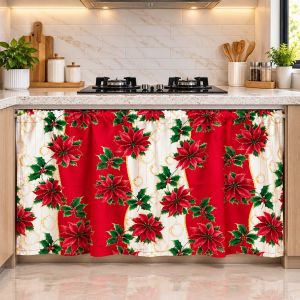 Christmas Design Matchy Curtains Family Window / Door / Kitchen Sink Red White Green Poinsettia Pattern Draperies & Curtains