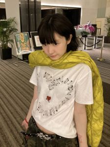 Original American Retro Heart Pin Print Short Sleeve Niche Style All-Matching Slim Fit Shoulder White round Neck Casual T-shirt