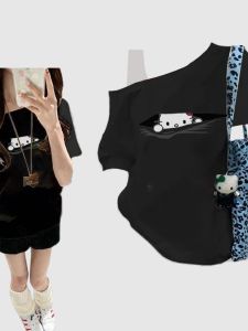 American Style Kitty Cat Print Short Sleeve Loose Casual T-Shirt Womens Summer New Loose Fit Leisure Top Female Teens