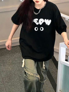 American Retro Shoulder Short Sleeve T-Shirt Womens Loose Fit Summer Black Pure Cotton Casual Style Streetwear Top