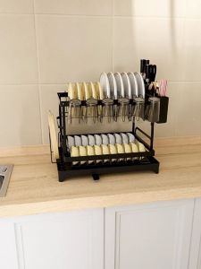 AUMU 2 Tiers Dish Rack With Drainer Organizer Cabinet Kitchen Plates Organizer With Cup Rack Holder Storage Organizer