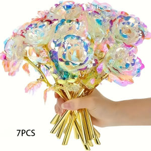7Pcs Galaxy 24K Artificial Rose Decoration Crystal Rose Artificial Flower Plastic Rose Bouquet Suitable for Christmas Valentines Day Thanksgiving Teachers Day