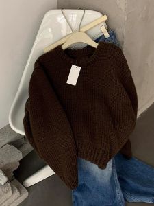 Guangzhou Thirteen Rows Womens Clothing Soft Glutinous Lazy Dark Brown Long Sleeves Raccoon Velvet Knitting Sweater Autumn and Winter Pullover Tops