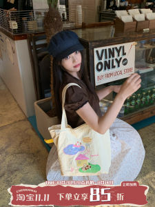 Large Capacity Cartoon Printed Canvas Bag with Drawstring for Commuting And Class Korean Style Double Shoulder Strap Tote Bag