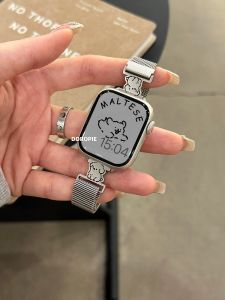 Soft Roropie Stainless Steel Milanese Apple Watch Band Cat Dog Design Compatible with iWatchSE3 Smartwatch Strap Accessories