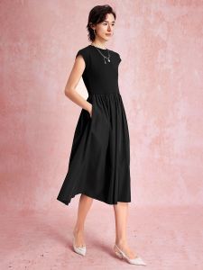 HR | HR Helena French Style Black Midi Dress Women Summer 2025 New Splicing High Waist A-Line Skirt Short Sleeve Round Neck Gown