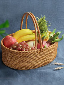 Vietnam Rattan Woven Storage Basket with Handle Fruit Basket Living Room Home Tea Table Fruit Plate Straw Woven Bread Woven Basket