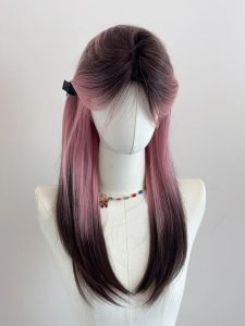 Womens Long Hair Parted Fake Hair Wig Gradient Pink And Black High Level Simulation Human Straight Hair Full Head Cover