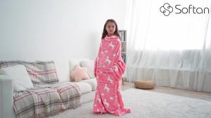 Wearable Fleece Blanket with Sleeves & Foot Pocket for Kids Boys Girls ChildrenLightweight Soft Blanket with Sleeves and Hook & Loop 48" x 48" Pink Unicorn