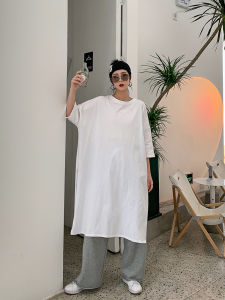 Long Cotton T-Shirt Womens Spring Summer Loose Fit Knee-Length Side Slit Five-Quarter Sleeve Casual Style round Neck Top