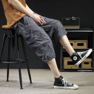 Summer Thin Cropped Pants Mens 100% Cotton Cargo Pants Elastic Waist Loose Sports Shorts Plus Size Casual Weight-Catcher Breeches