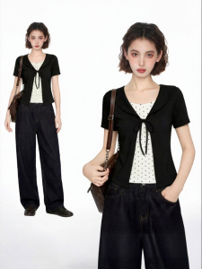 BAIDAIFEI | Black Illusion Two-Piece Polka Dot Peter Pan Collar Short Sleeve T-Shirt Women Summer Short Slim Fit
