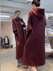 Fancy Plus Size Loose Plus Size Ladies Slim Fit Slimming Hooded Sweater Dress Fall and Winter Long Sleeves Idle Style Long Dress
