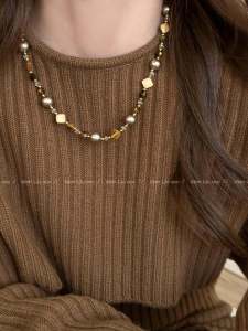 Meral Tiger Eye Stone Pearl Necklace Elegant High-End Beaded Sweater Chain French Romantic Style Fashion Jewelry Accessory