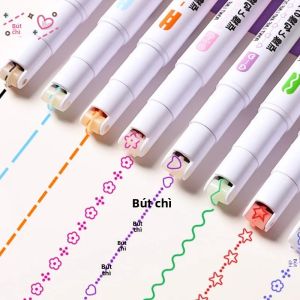 Bộ Bút Dạ Quang Hai Đầu Hình Hoa Vẽ Đường Cong Gợn Sóng Móc Nhiều Màu Đa Chức Năng 8 Màu