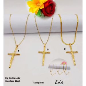 Kalung Salib Pria & Wanita Motif Permata Glitter Polos & Ukir Anti Karat Anti Luntur Terbaru Mewah