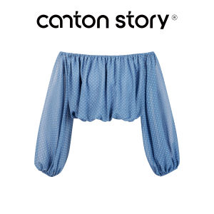 Cantonstory | Áo Blouse Mùa Hè Dài Tay Ôm Vai Chấm Bi Ngắn
