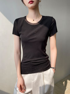 Black Short Sleeve Womens T-Shirt Summer New Netting Slim Unique Outerwear Inner Match Base Shirt Shoulder Level Top