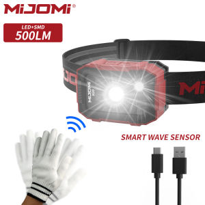 Mijomi LED Headlamp H20 With Wave Motion Sensor Headlight Lightwight Head Light Type-C Torch Lamp500 lumens Flood light & Spot light Double LED Head Lamp60 Degree Adjustable Lighting H20 Flashlight for Camping RunningFishingHikingReading