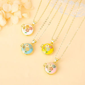 Womens Colorful Flower Locket Necklace Openable Photo Pendant Enamel Craft Gold Plated Chain Party Charm Jewelry Accessories