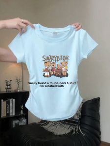 Blue Cotton Short Sleeve T-Shirt Womens Fashionable Waist-Cinching Anti-Aging Summer Top Korean Style Printed Commute Wear