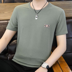 Mens round Neck Short Sleeve T-Shirt Pure Color Ice Silk Cool Feeling Quick Dry Summer Trendy Top Breathable Polyester Blend