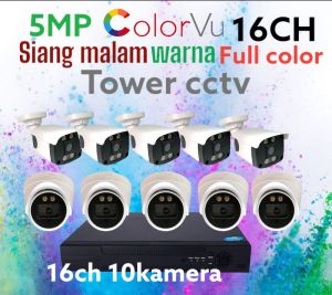 PAKET CCTV 5MP COLORVU 16 CHANNEL 10 KAMERA FULL COLOR WARNA SIANG MALAM